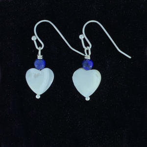 White Pearl Heart with Blue Bead Earrings – JPU014