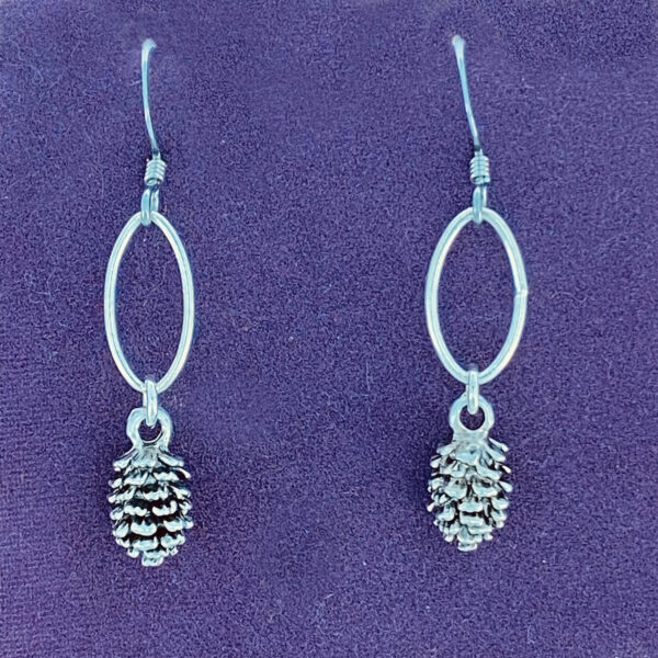 Handmade | Silver Pinecone On Sterling Silver Oval Link Earrings